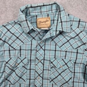 Wrangler Western Shirt Mens Medium Turquoise Plaid Pearl Snap Short Sleeve